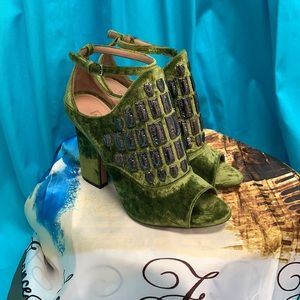Green Velvet Embellished Peep-Toe Heels